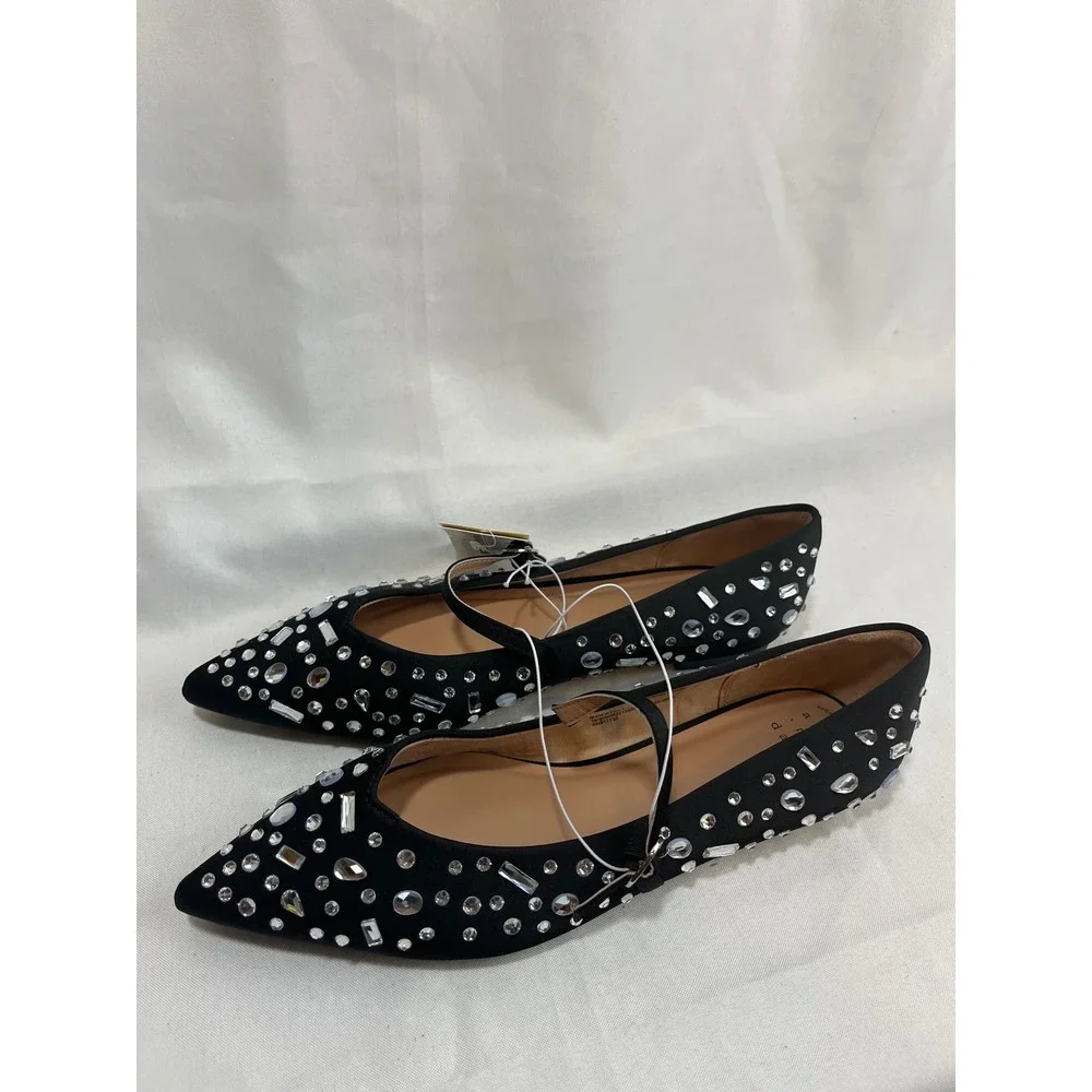 A New Day Womens Black Rhinestone Pointed Toe Mary Jane Flats Size 8.5 NEW